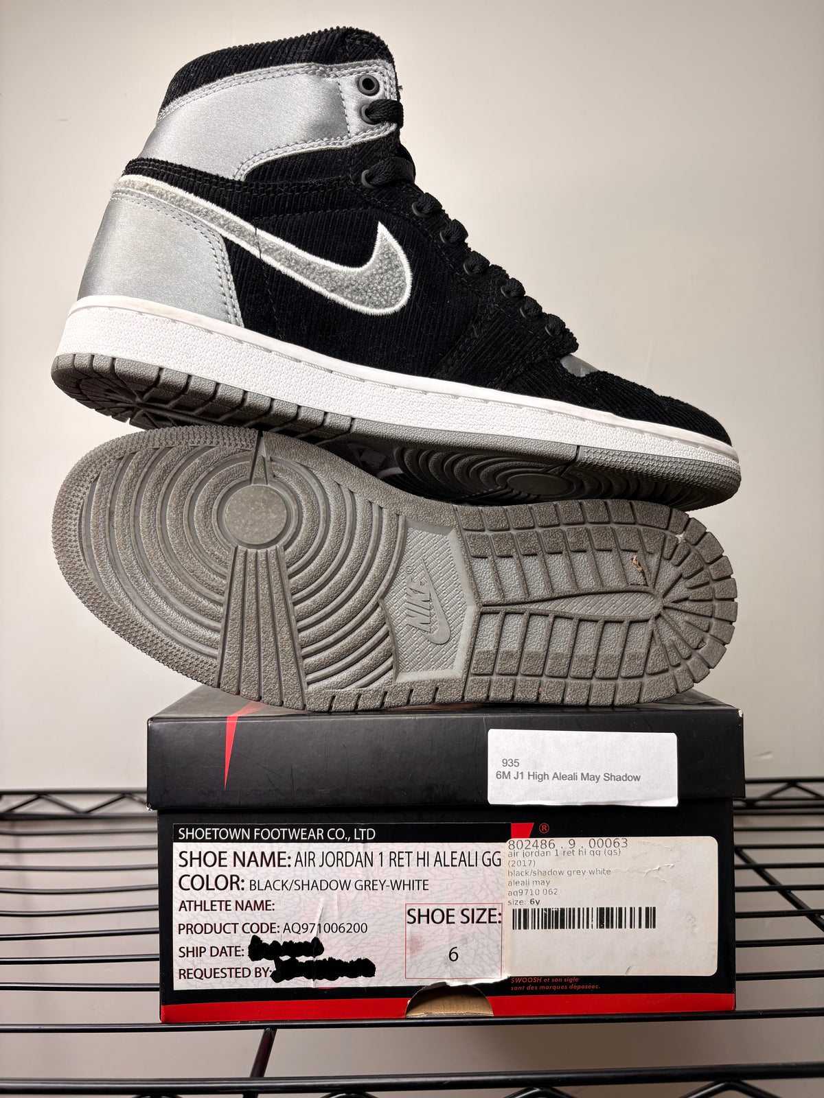(Unreleased Size, FNF Promo Sample) sz 6Y/7.5W Jordan 1 Aleali May Shadow - Preowned, Original Box