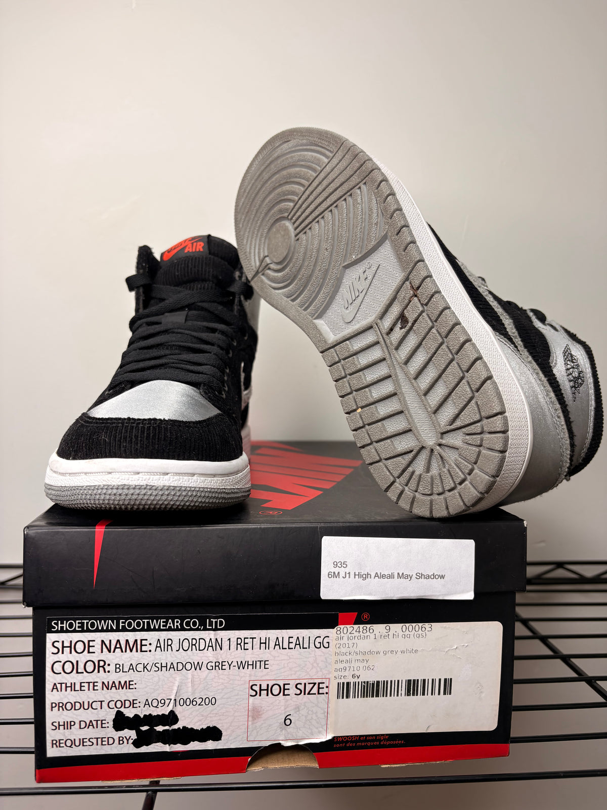 (Unreleased Size, FNF Promo Sample) sz 6Y/7.5W Jordan 1 Aleali May Shadow - Preowned, Original Box