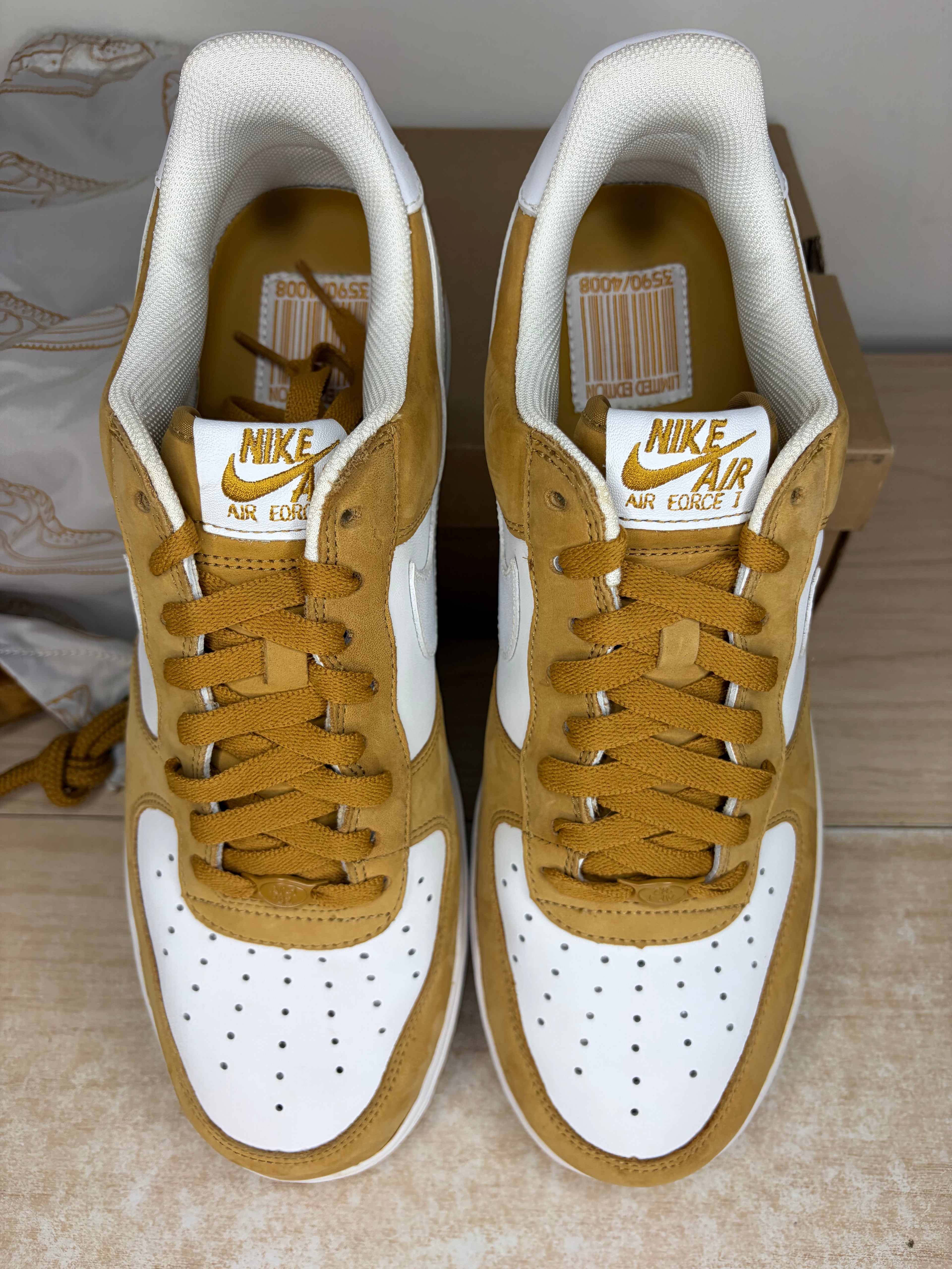 #3590/4008 - sz 12M Nike AF1 Low Barcode Pack Wheat - Like New, Original Box
